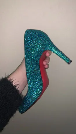 Teal crystal pump with a red sole