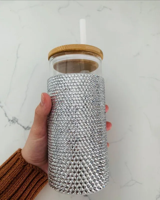 Glass can wrapped in silver rhinestones