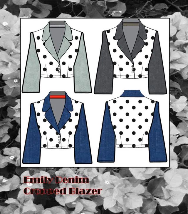 Flats of a cropped denim blazer with polka-dot sleeves