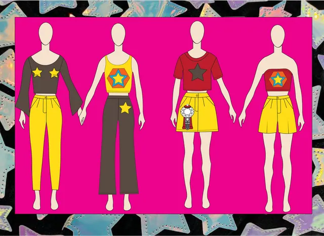 Illustrated lineup of four figures in star-print looks on hot pink