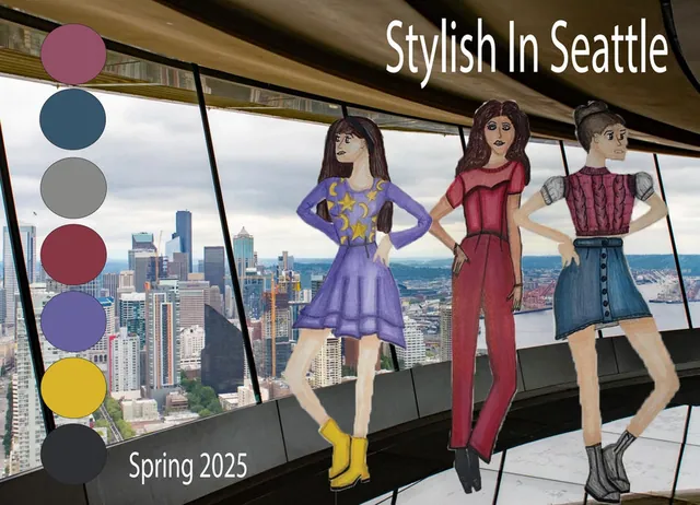 Three figures in front of the Seattle skyline wearing purple, red and denim looks