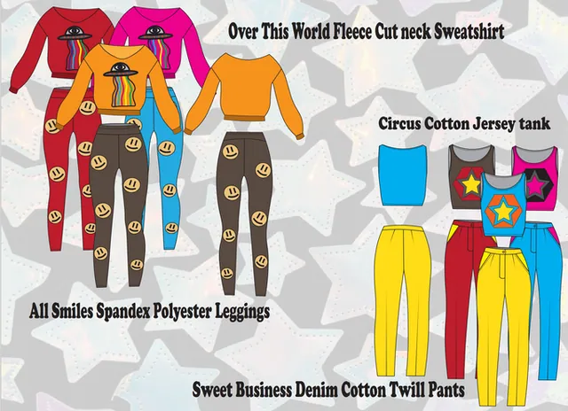 Line sheet of cashmere sweaters, crop tanks and color-block skirts