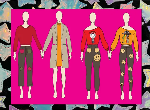 Line sheet of sweaters, coats, leggings and skirts in candy colors