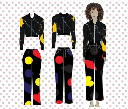Black looks with yellow and red dot appliqué