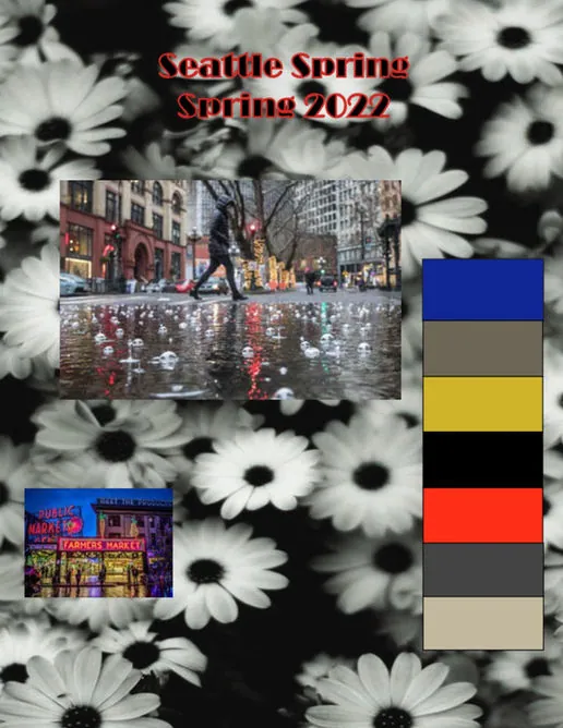 Seattle Spring 2022 board with daisies and a palette