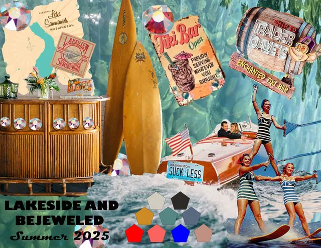 Lakeside and Bejeweled Summer 2025 board with water skiers and a tiki bar