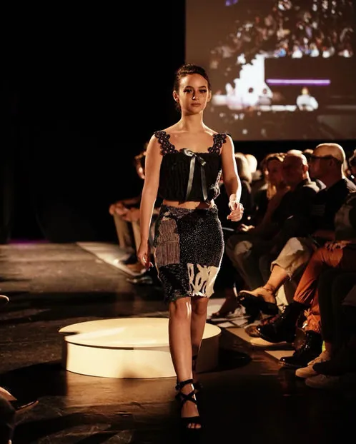 Denim look with white platform boots on the runway