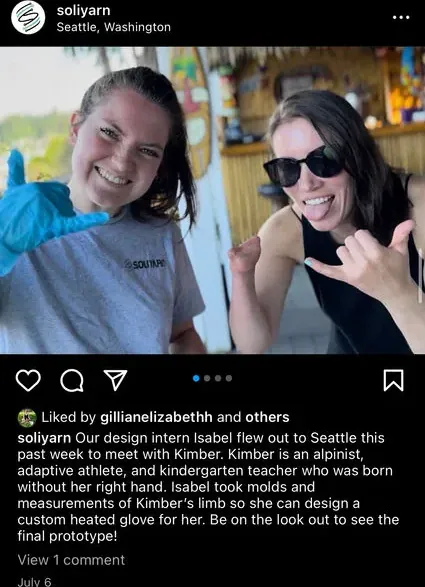 Soliyarn Instagram post of Isabel with Kimber Cross in Seattle