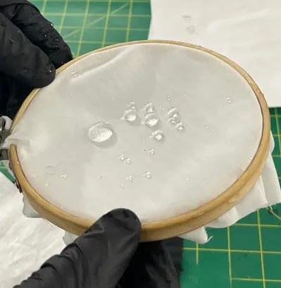 Water droplets beading on coated fabric stretched in an embroidery hoop