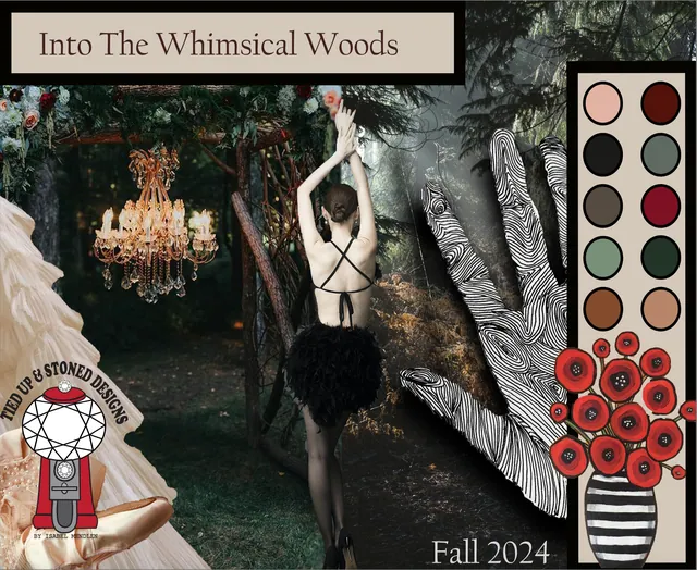 Collection mood board: a woman in a black tulle skirt in a forest with a chandelier, palette chips and red flowers