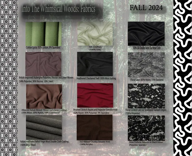 Fabric board with swatches of crepe, satin, lace and wool suiting