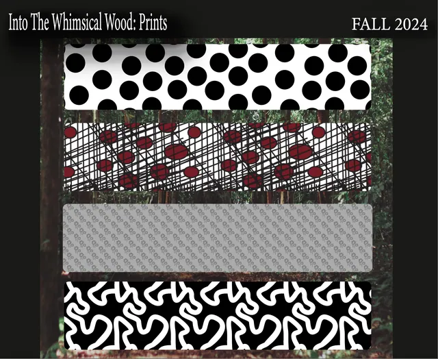 Print board with polka dots, red-heart plaid, quilting and black-and-white squiggles