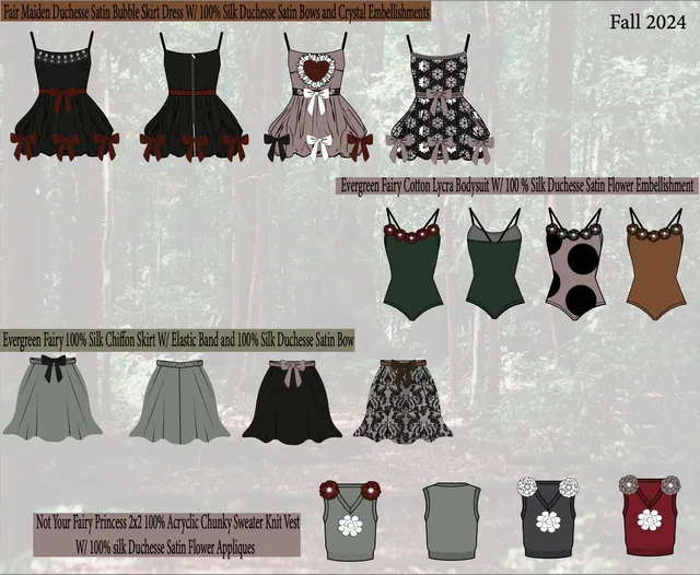 Line sheet of dresses, bodysuits and skirts with satin bow trim
