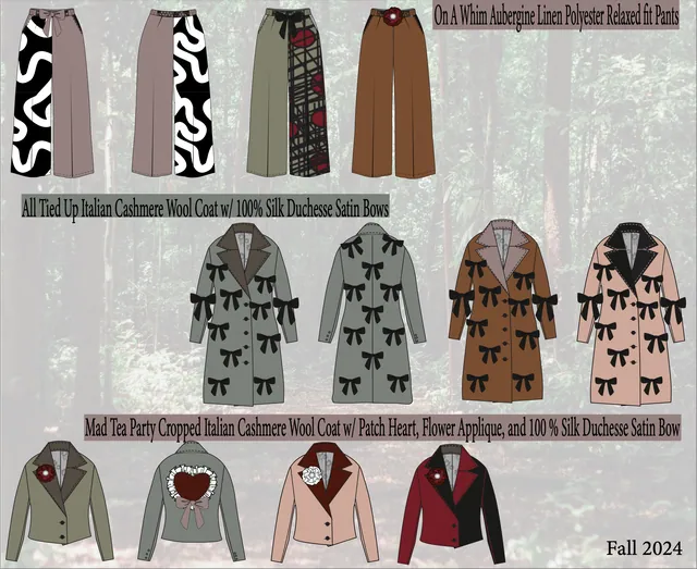 Line sheet of trousers and coats with bow appliqué